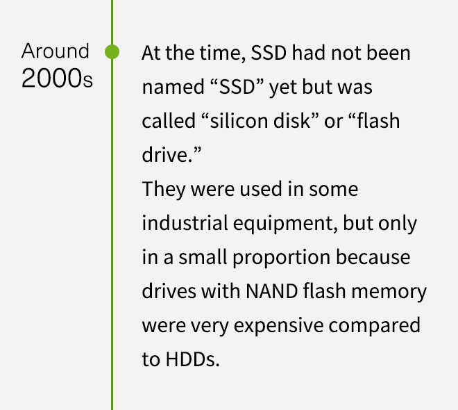 약 2000년대. 당시 SSD는 아직 “SSD”로 명명되지 않았지만 “실리콘 디스크” 또는 “플래시 드라이브”라고 불렸습니다. 일부 산업용 장비에 사용되었지만, NAND 플래시 메모리가 있는 드라이브는 HDD에 비해 매우 비싸기 때문에 적은 비율로만 사용되었습니다.