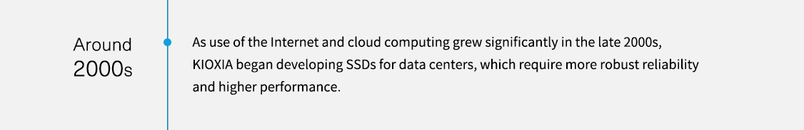 약 2000년대. 2000년대 후반에 인터넷 및 클라우드 컴퓨팅의 사용이 크게 증가함에 따라 KIOXIA는 더 강력한 안정성과 더 높은 성능을 요구하는 데이터 센터용 SSD를 개발하기 시작했습니다.