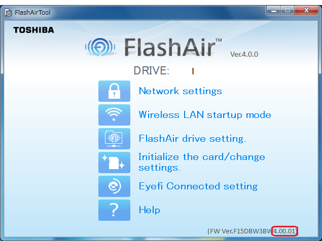 FlashAir™ 구성 소프트웨어를 엽니다. 메인 메뉴 창의 오른쪽 하단 모서리에서 소프트웨어 버전을 찾을 수 있습니다.